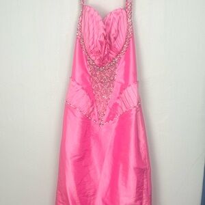 Vintage 90s Pink Halter Prom Gown NWT Hand Beaded 3ft Train XS 30” Bust